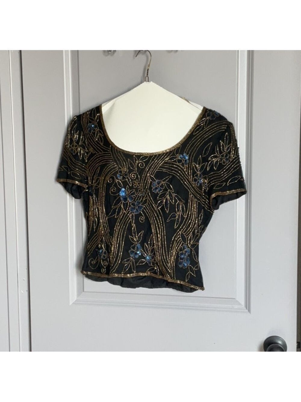 Women's Papell Boutique Evening Top Size L Black Gold blue Beaded VTG